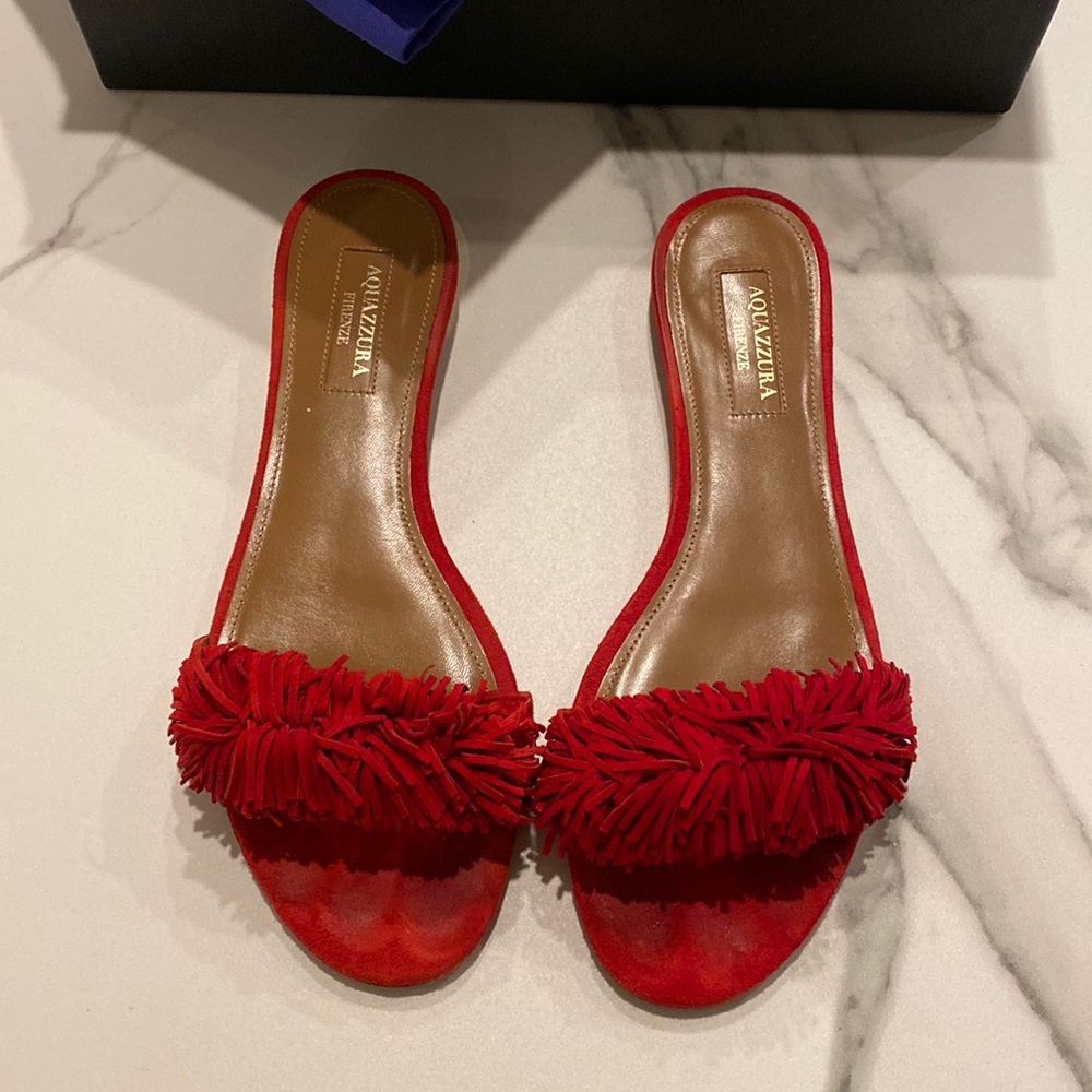 Aquazzura Red Fringe Sandals 🤍